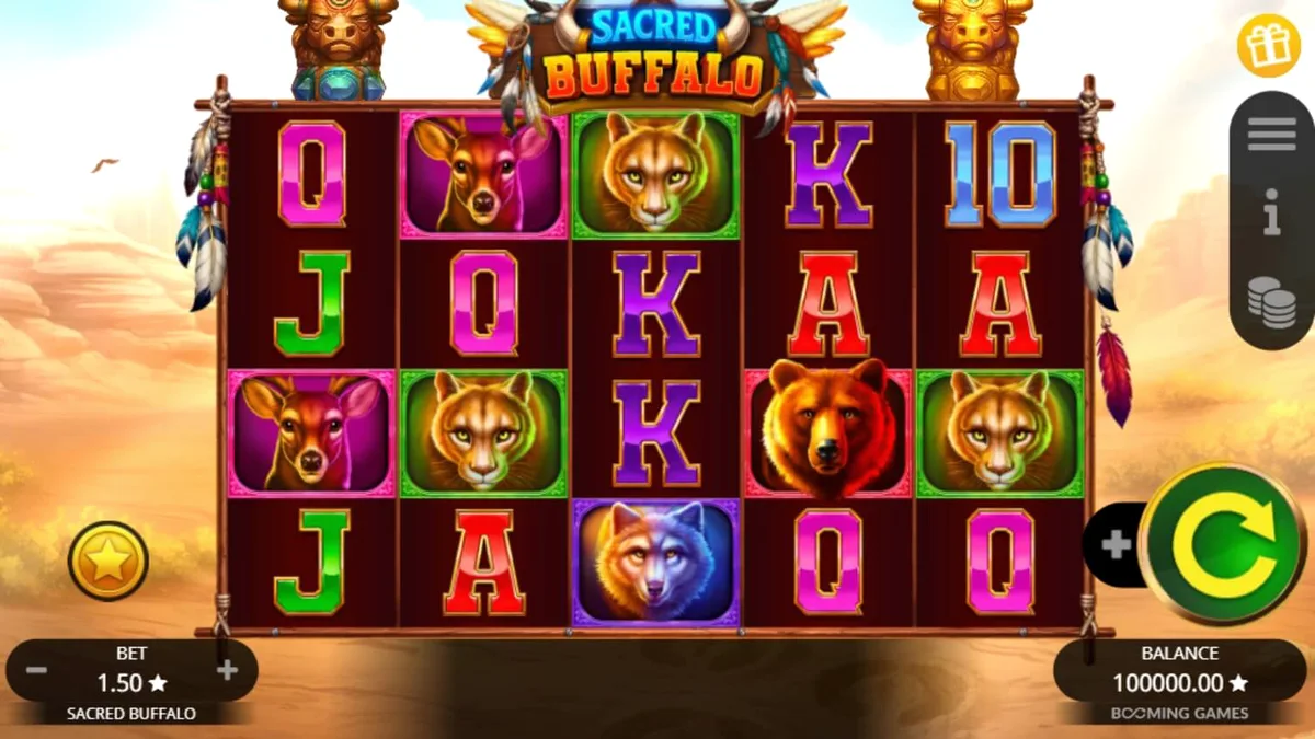 Pemandangan padang rumput liar dengan simbol kerbau dalam slot Sacred Buffalo
