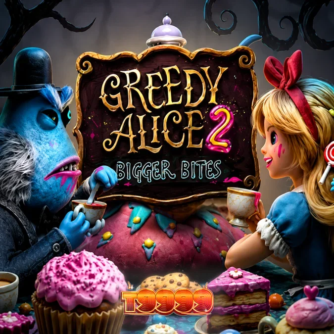 Tampilan visual slot Greedy Alice 2 Bigger Bites dengan tema Wonderland yang gelap
